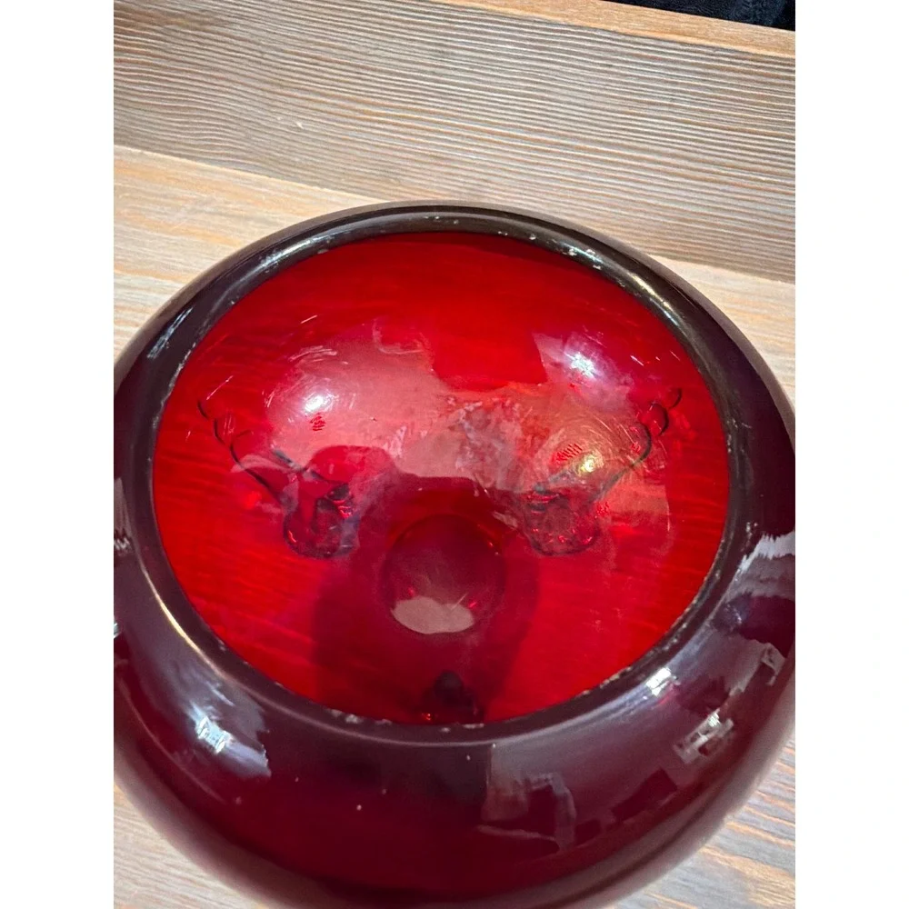 Vintage Ruby Red Glass Rose‎ Bowl Tripod Footed Round Vase Mid Century Modern
